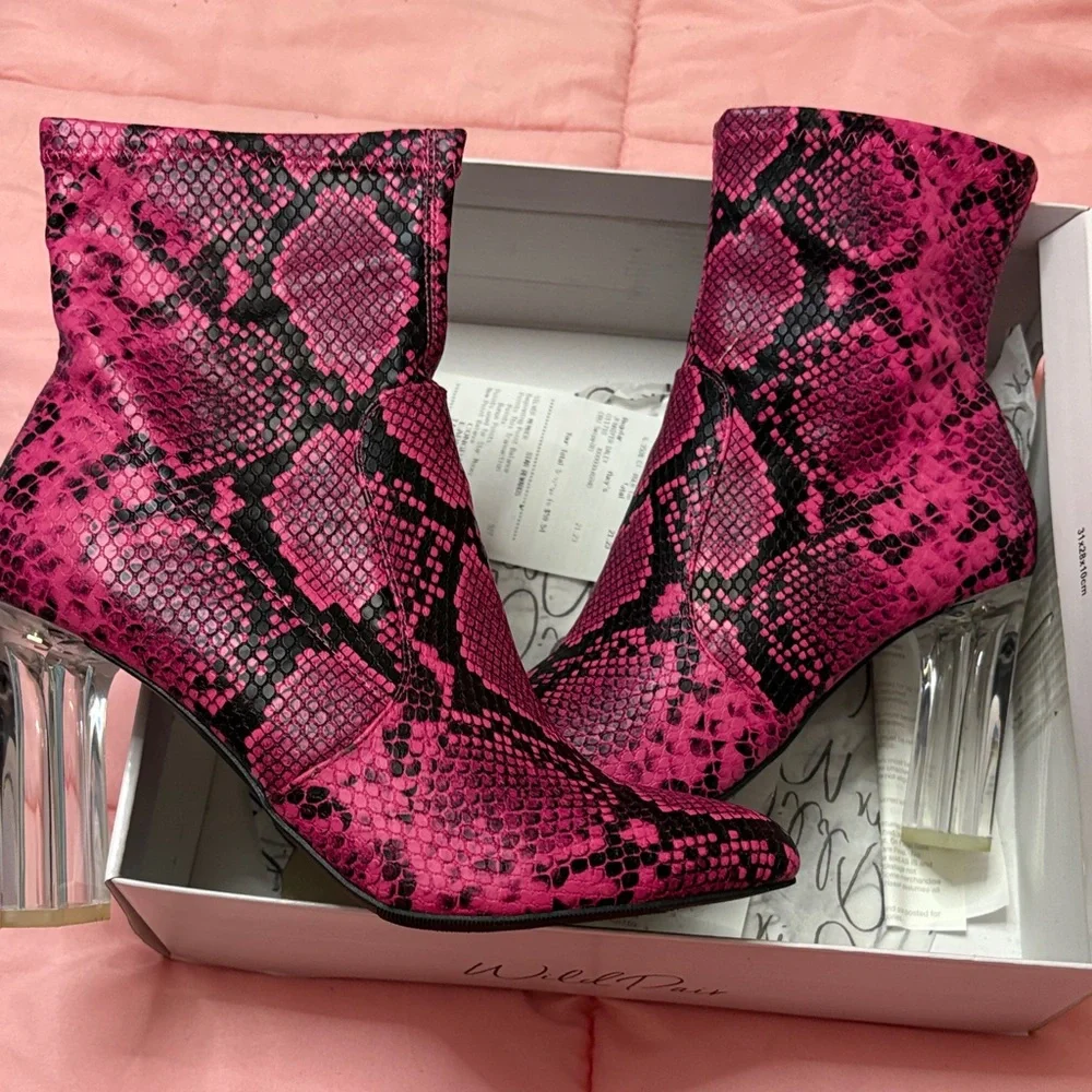 Wild Pair Fuchsia Snake Print Boots with Clear Heels. - Picture 1 of 9